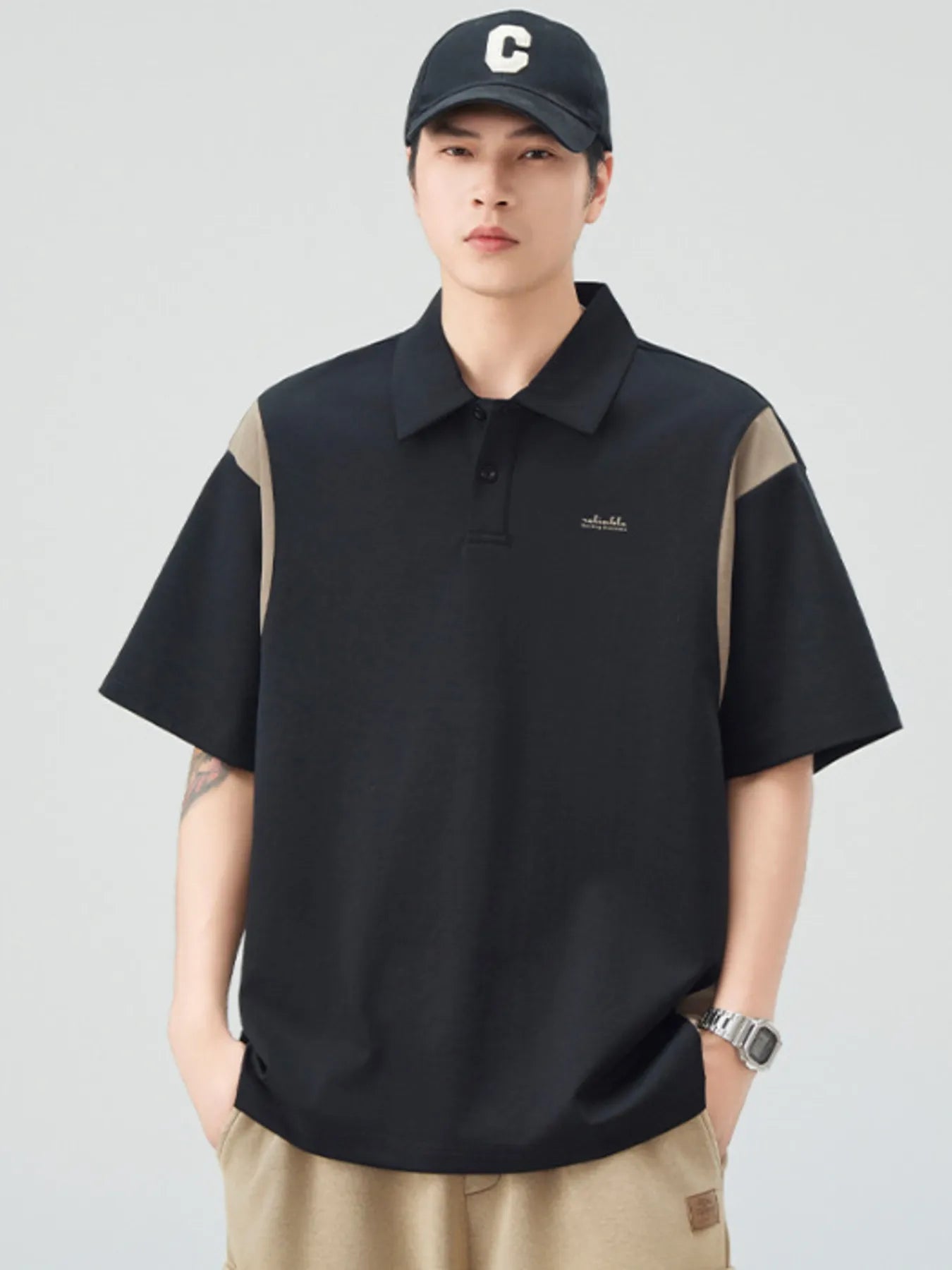 Plus Size Button Detail Short Sleeve Polo in Khaki Green in Light Coffee for Men