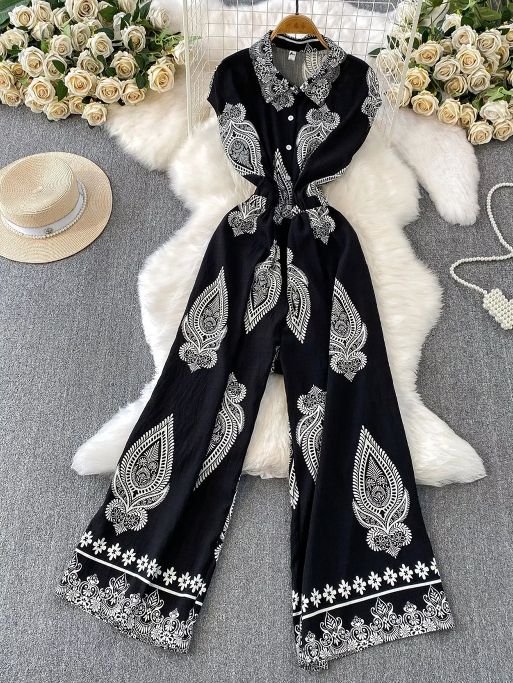Green Button Front Wide Leg Jumpsuit for Women