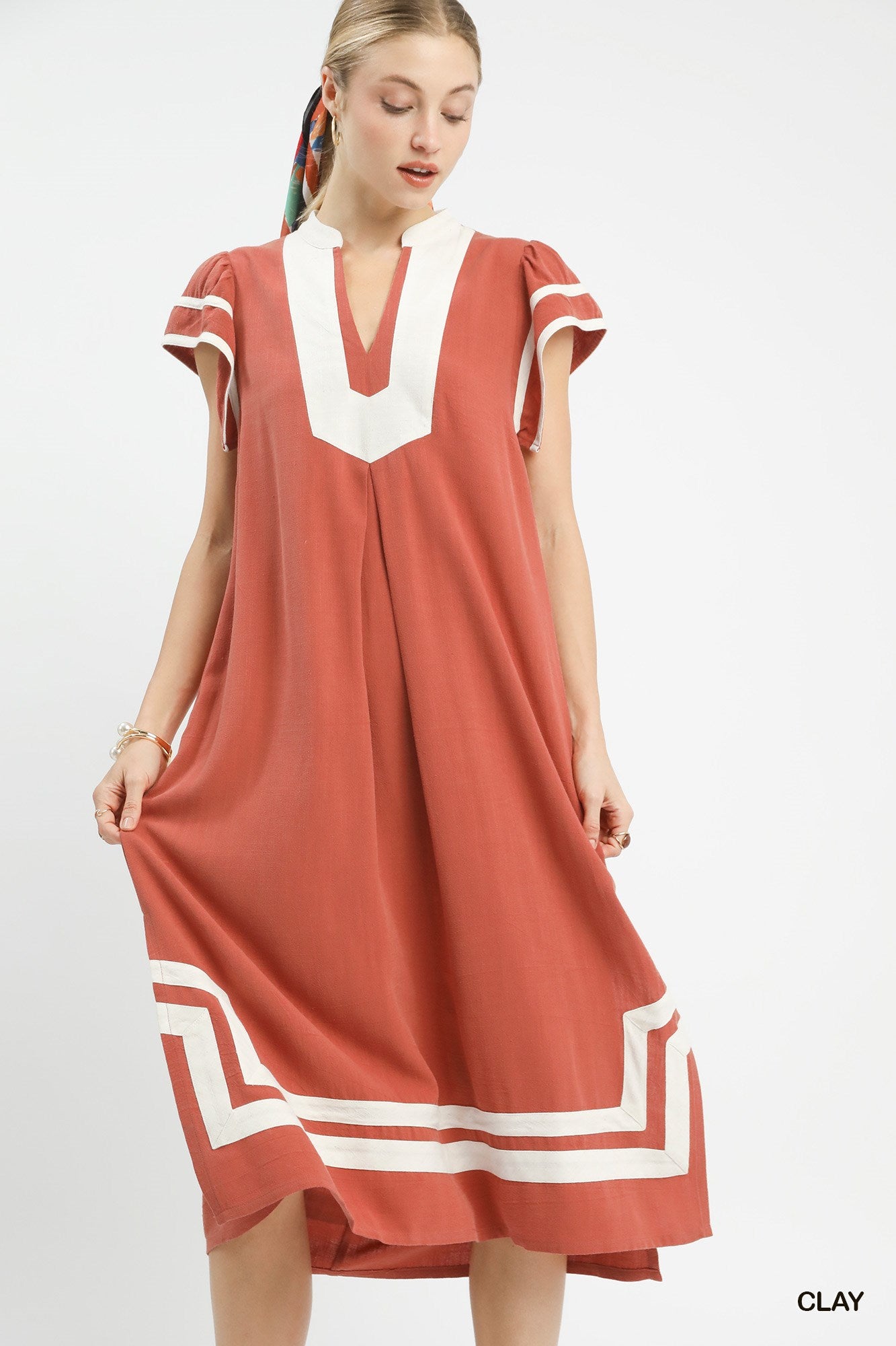 Linen Cotton Contrast Neckline Midi Dress in Clay for Women