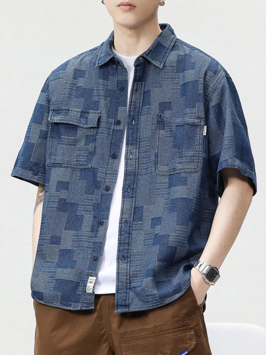 Plus Size Plaid Short Sleeve Shirt in Dusty Blue for Men