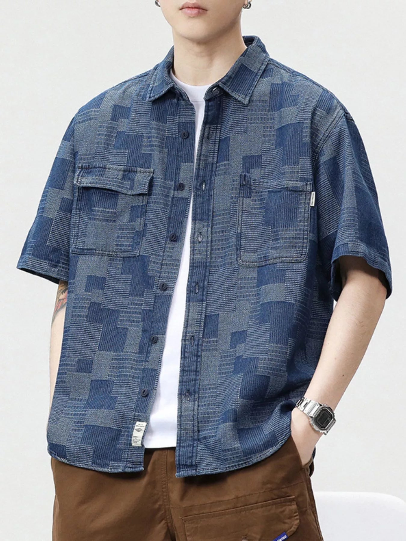 Plus Size Plaid Short Sleeve Shirt in Dusty Blue for Men