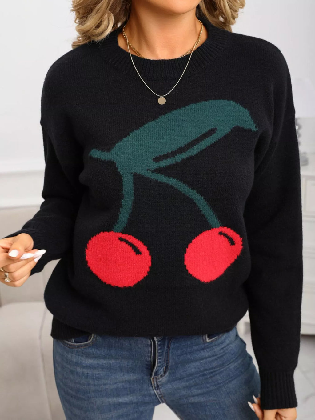 Cherry Round Neck Sweater in Black for Women