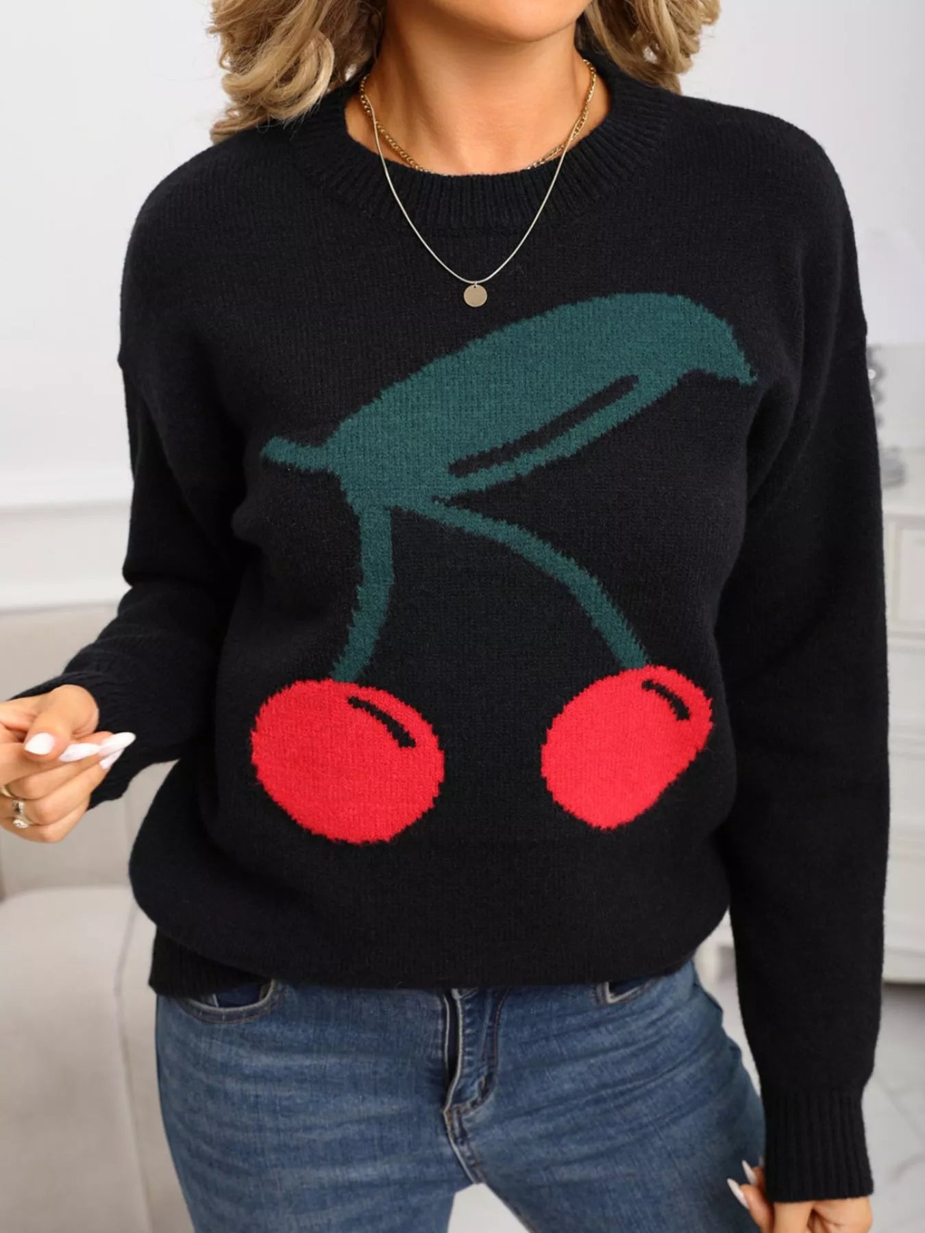 Cherry Round Neck Sweater in Black for Women