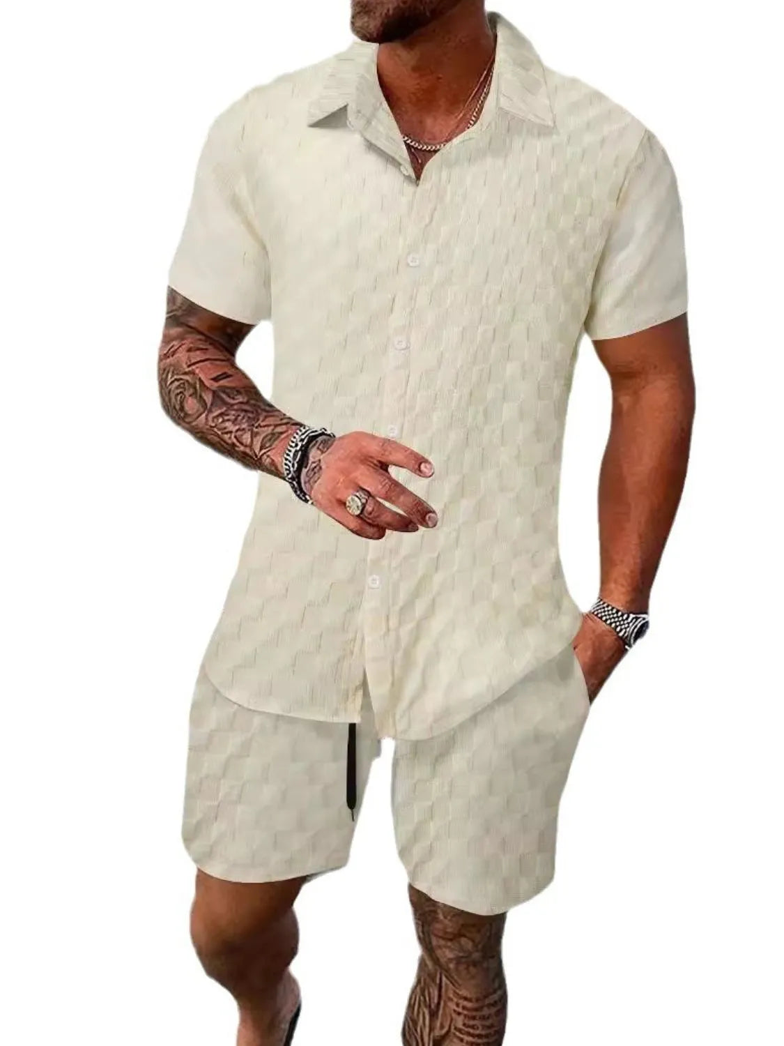 Collared Neck Short Sleeve Top and Shorts Set Plus Size in Light Blue in White for Men
