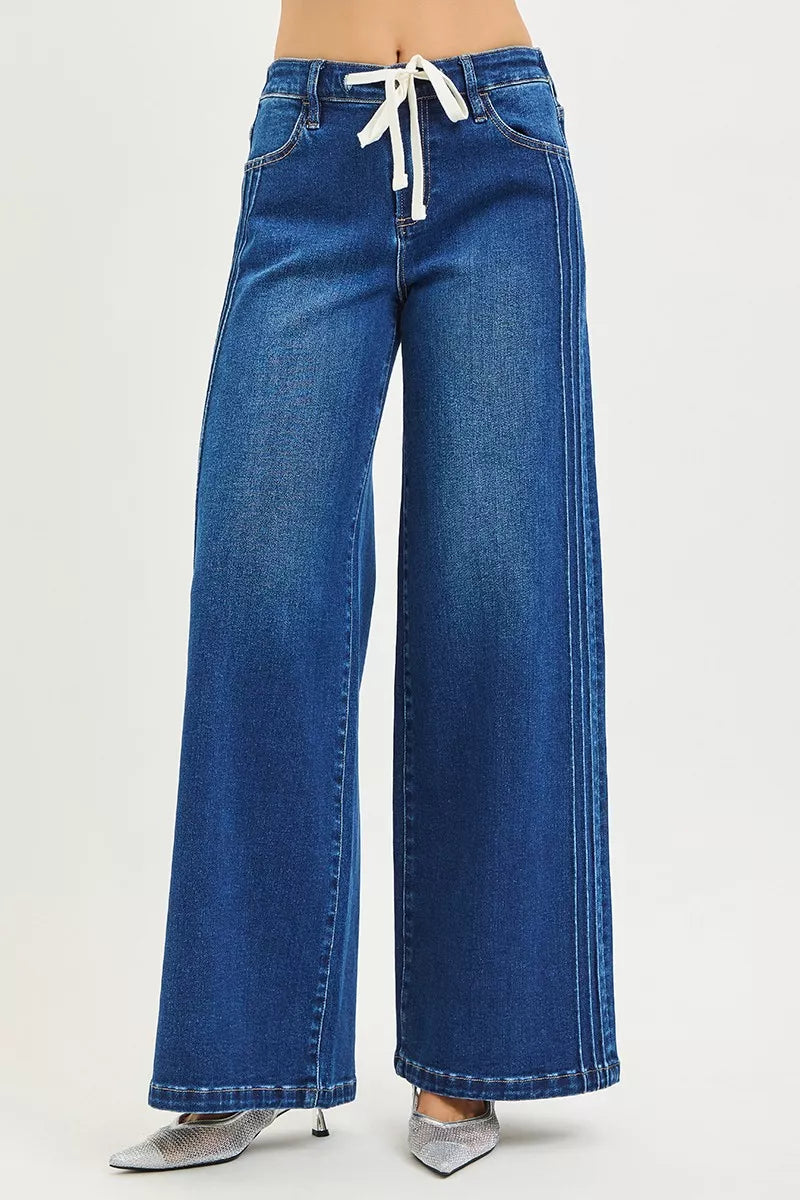 Mid Rise Wide Side Pintuck Jeans with Front Drawstring Plus Size in Dark for Women