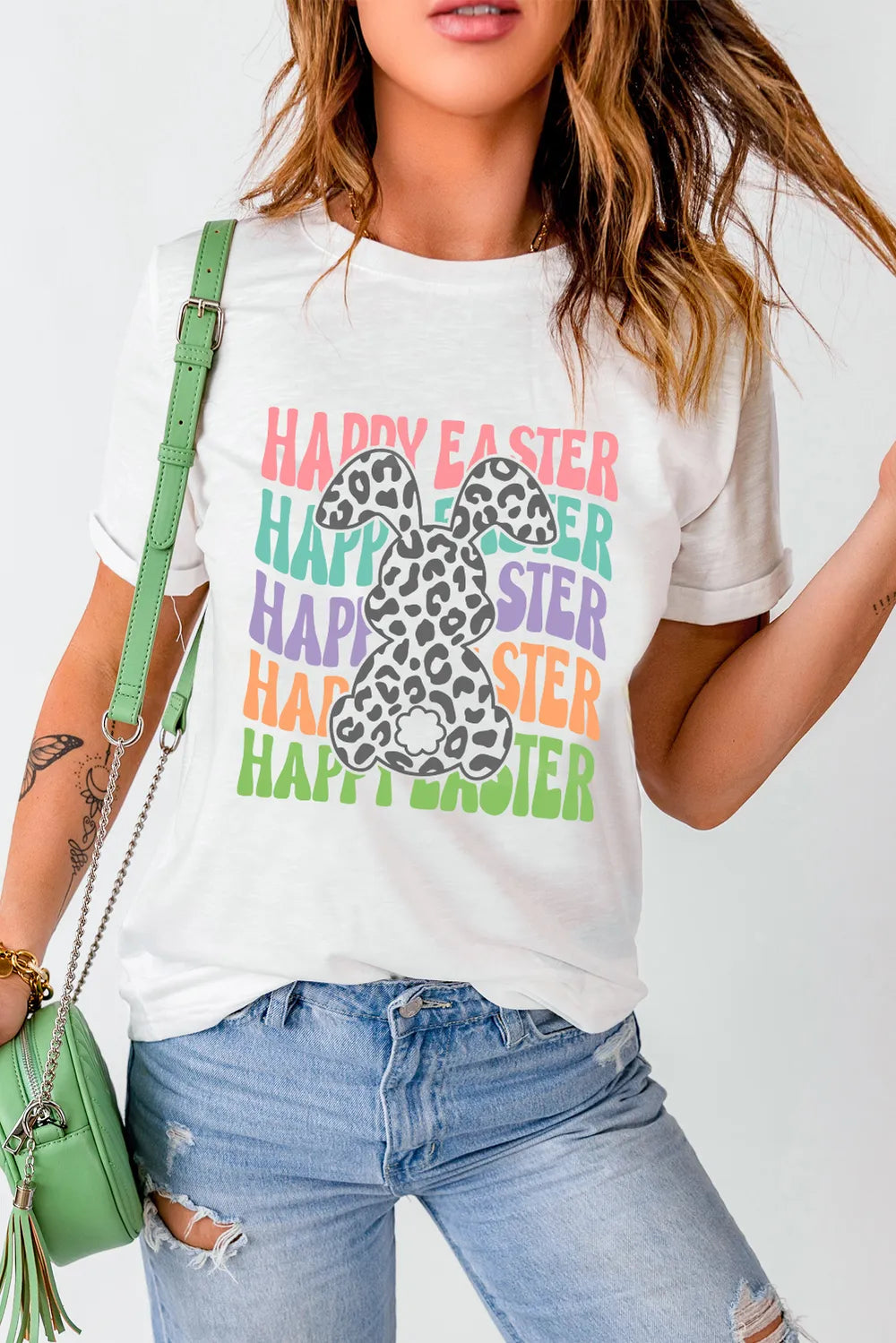 Happy Easter Round Neck Short Sleeve T-Shirt in White for Women