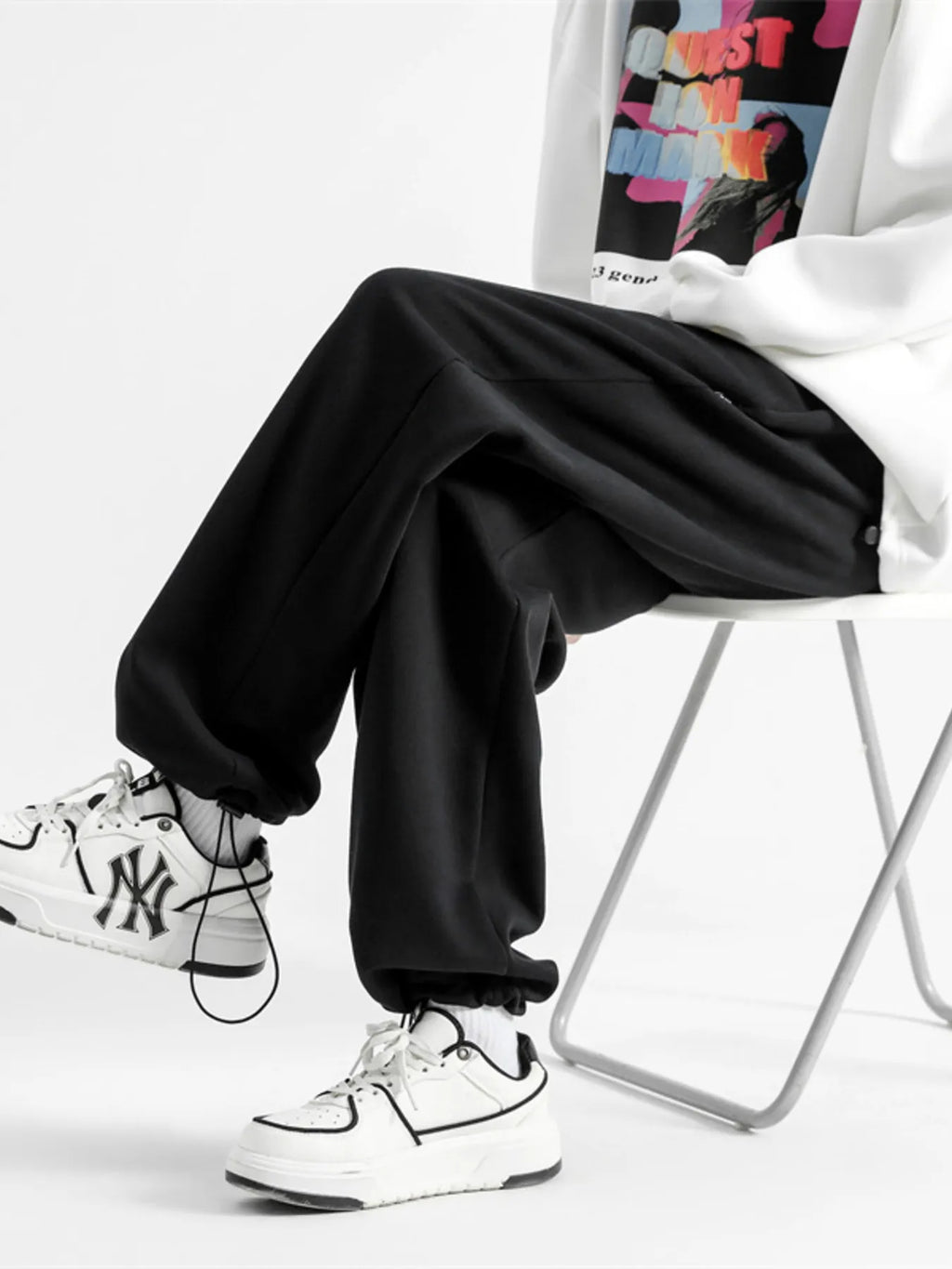 Drawstring Wide Leg Pants Plus Size in Black for Men