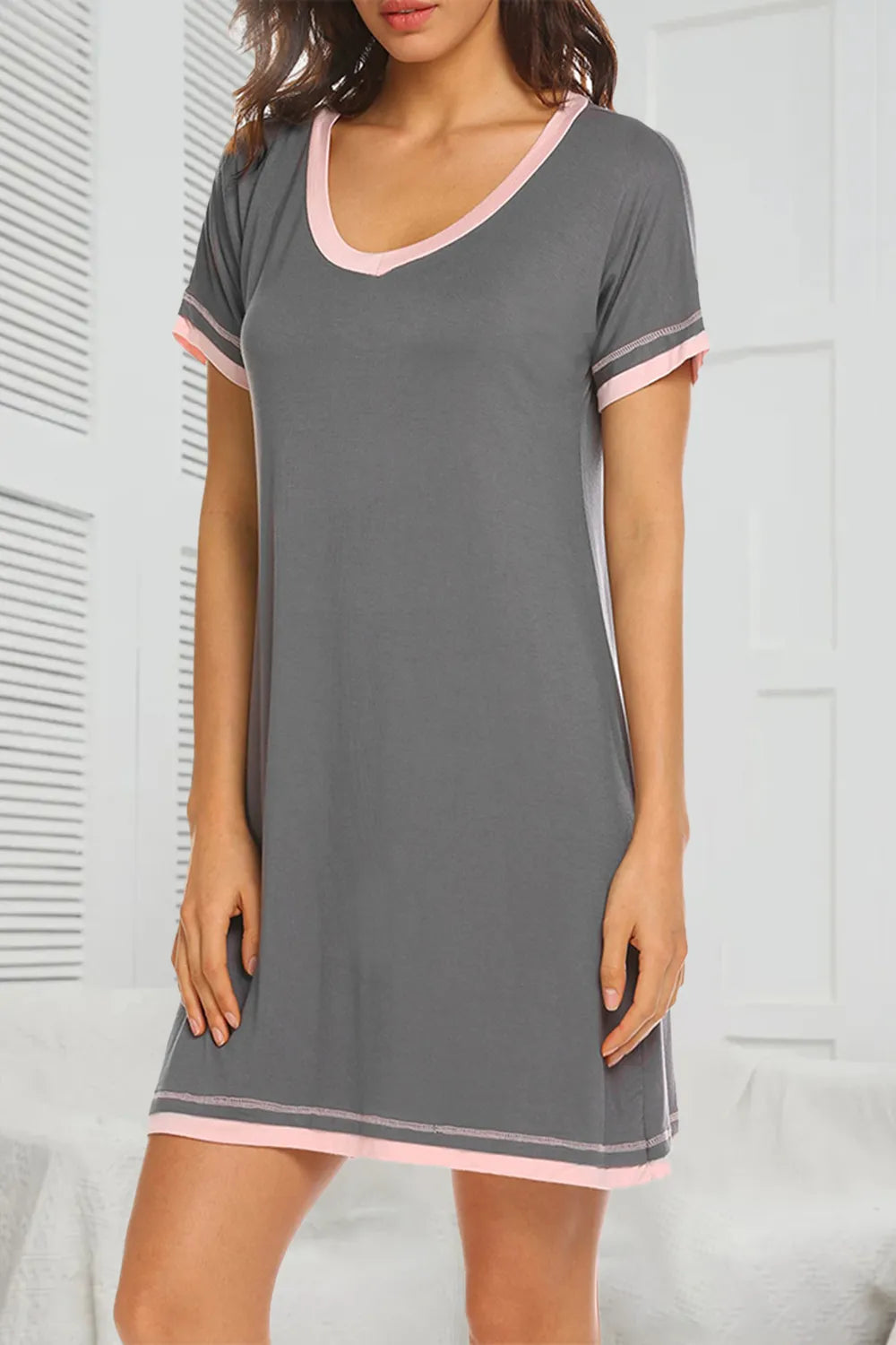 Contrast Trim Short Sleeve Lounge Dress in Black for Women