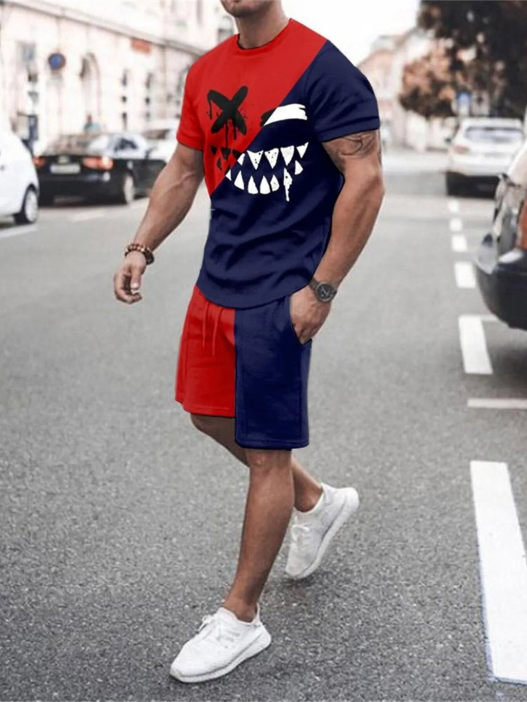 Gradient Color Casual Tee and Shorts Plus Size Set in Orange-Red for Men