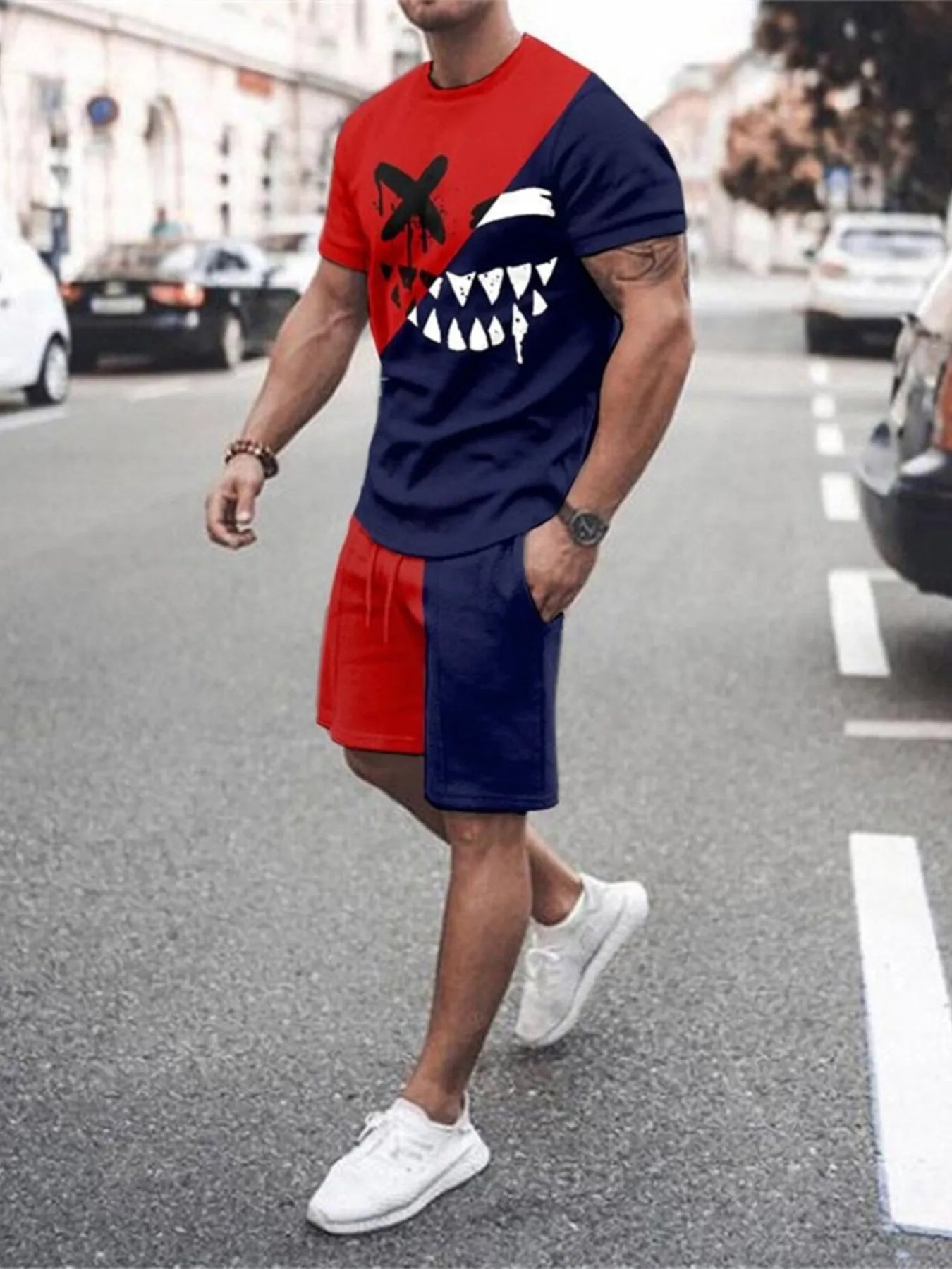 Gradient Color Casual Tee and Shorts Plus Size Set in Orange-Red for Men