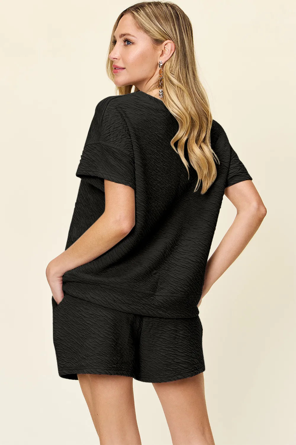 Plus Size Texture Short Sleeve T-Shirt and Drawstring Shorts Set in Cloudy Blue in Black for Women