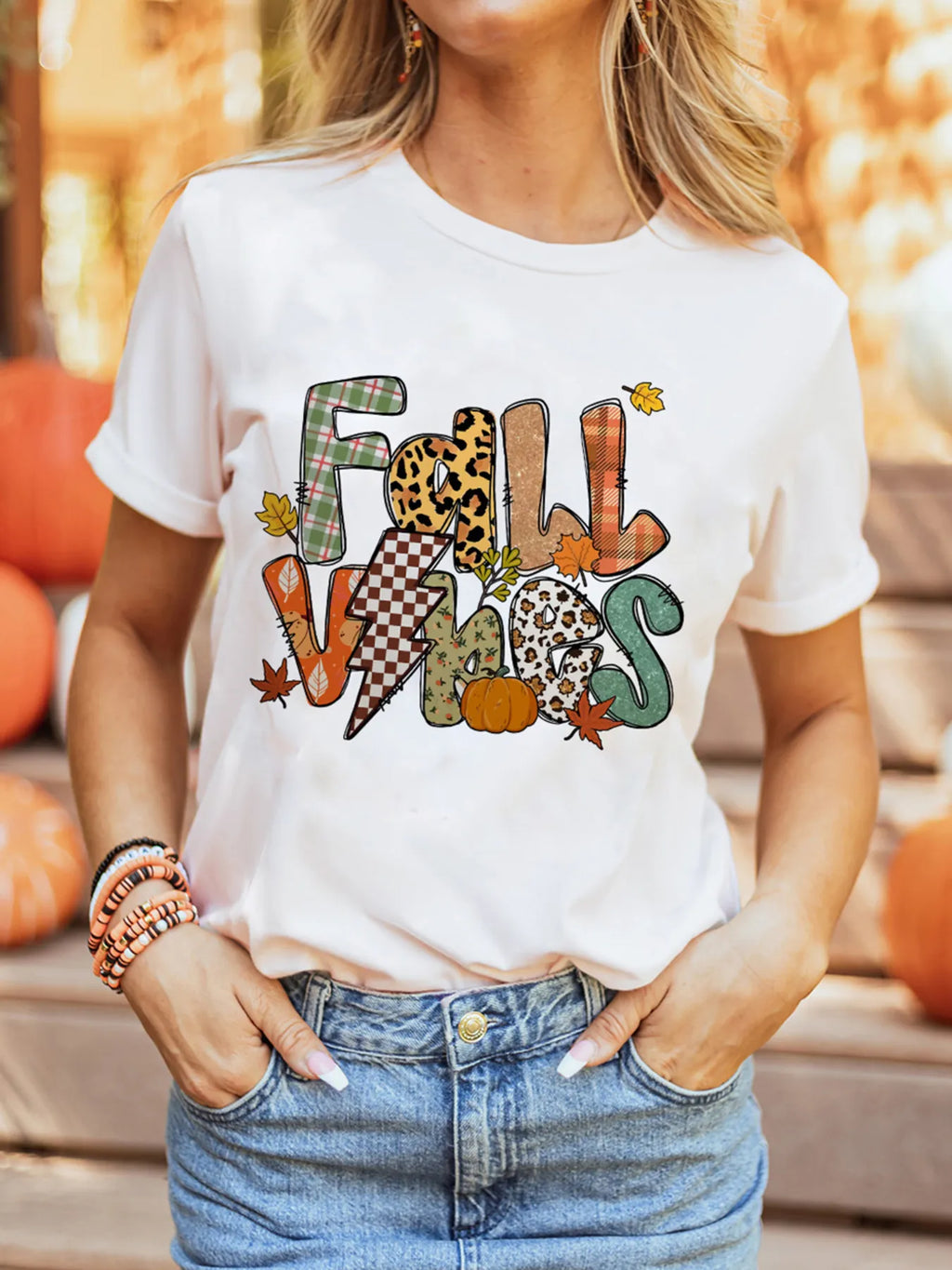 Fall Vibes Cotton Blend Casual T-Shirt in White for Women
