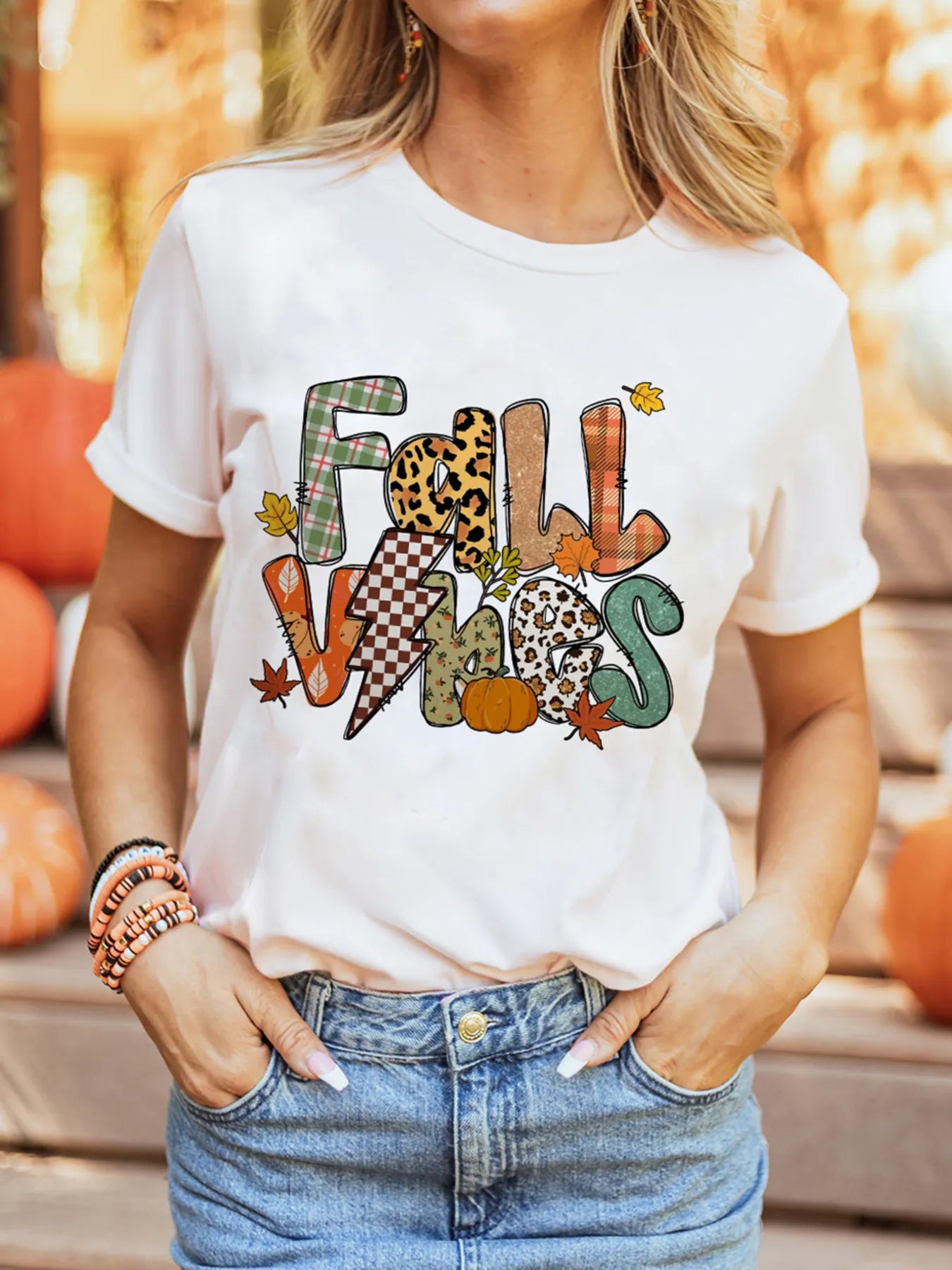 Fall Vibes Cotton Blend Casual T-Shirt in White for Women