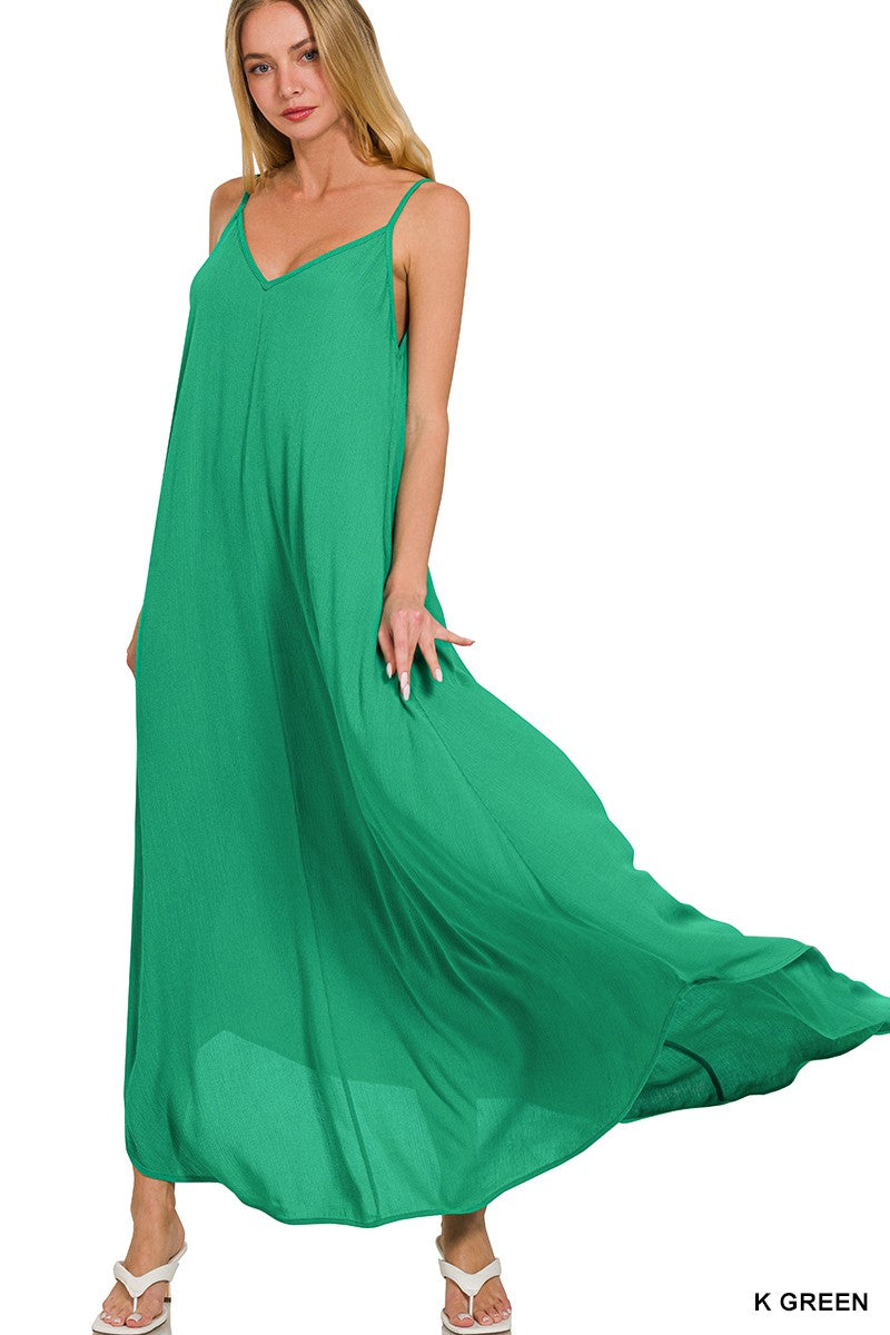 Woven Crinkle Cami Maxi Dress with Side Pockets in Green for Women
