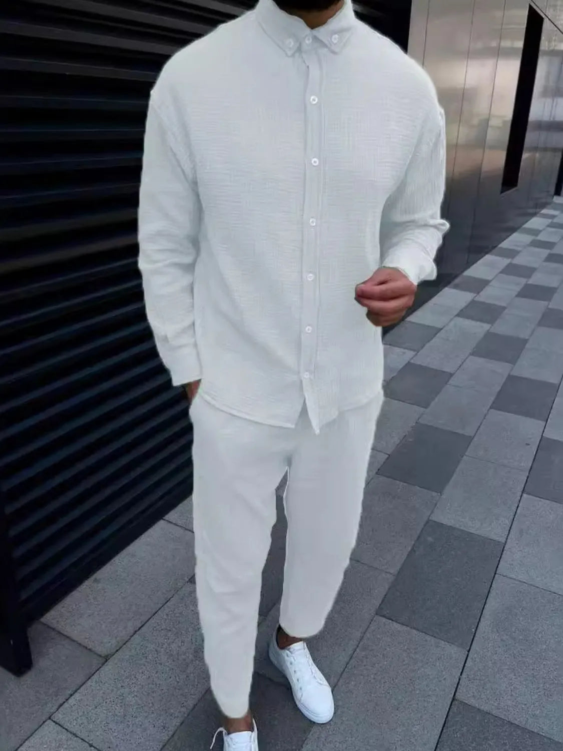 Button Down Long Sleeve Shirt and Pants Set in White for Men