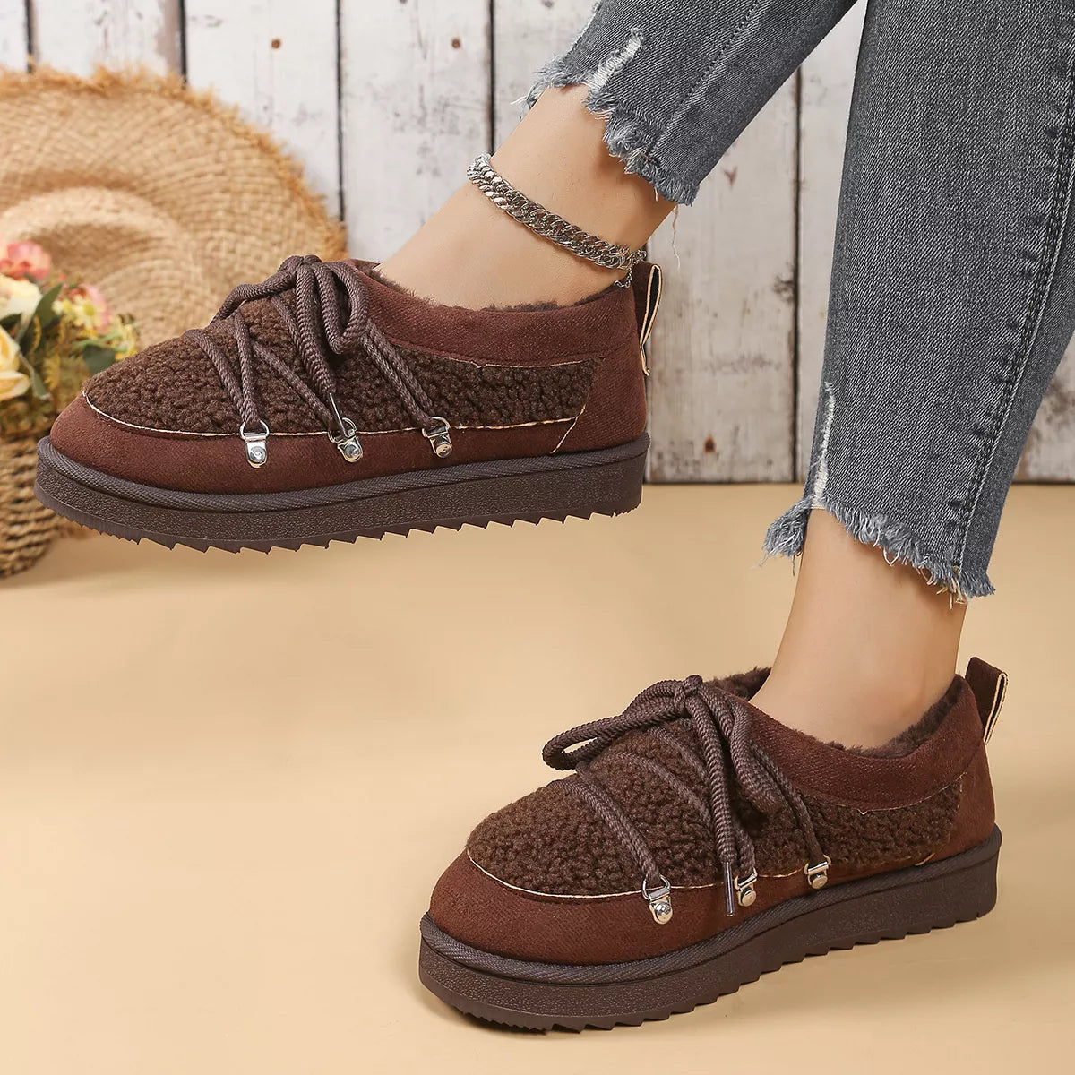Lace Up Round Toe Platform Ankle Boots in Camel for Women