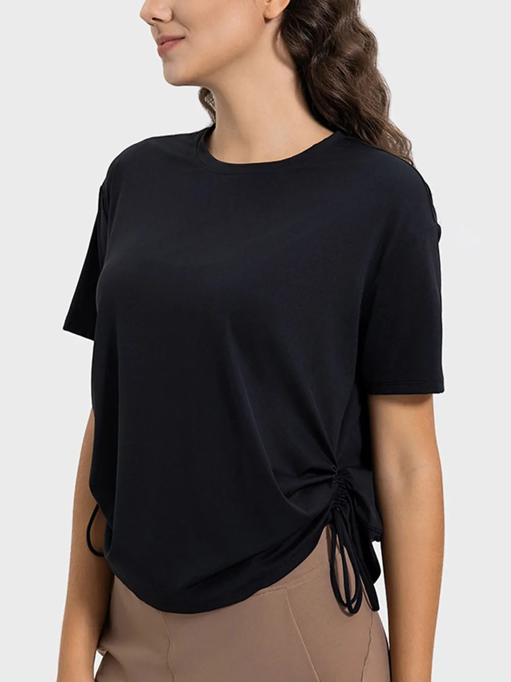 Drawstring Round Neck Short Sleeve Active T-Shirt in Black for Women