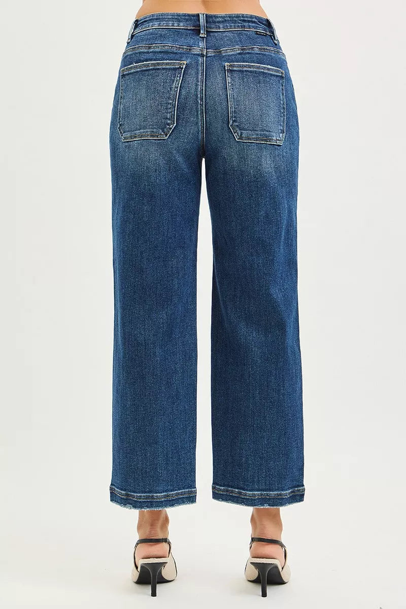 Slouchy Cropped Baggy Jeans with Front Patch Pocket in Dark for Women