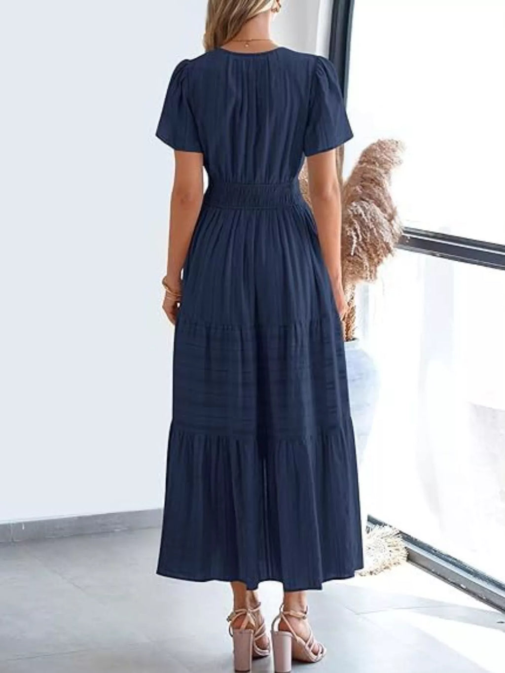 Plus Size Short Sleeve Tiered Midi Dress in Dark Blue for Women