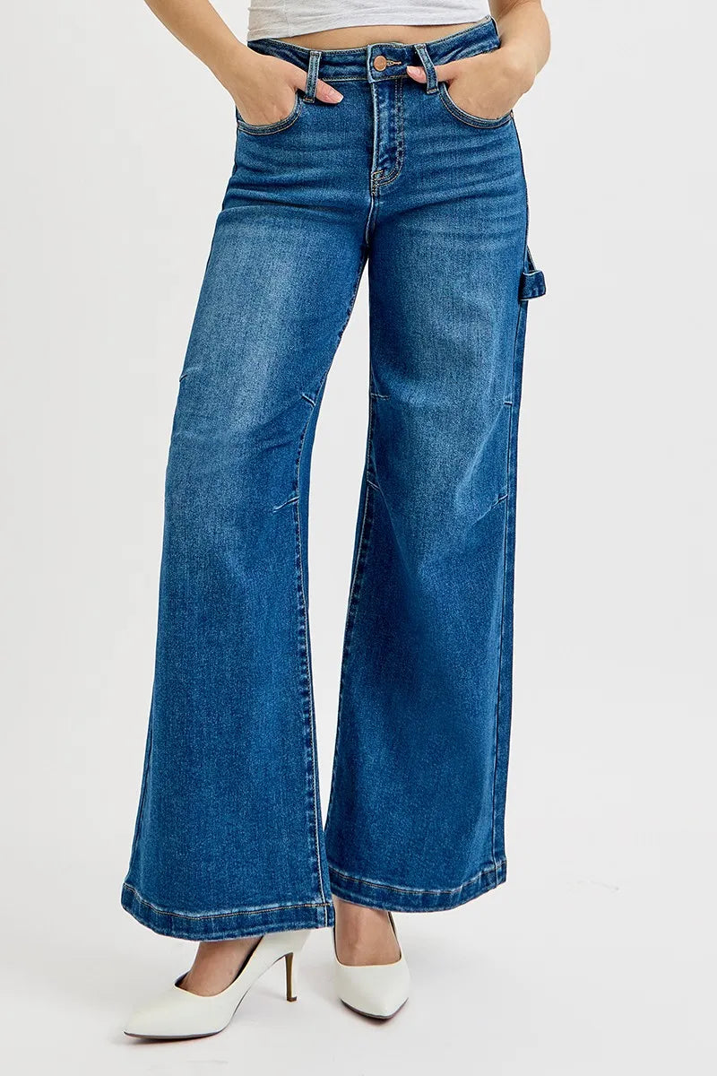 High Rise Wide Leg Patch Detailed Jeans Plus Size in Dark for Women