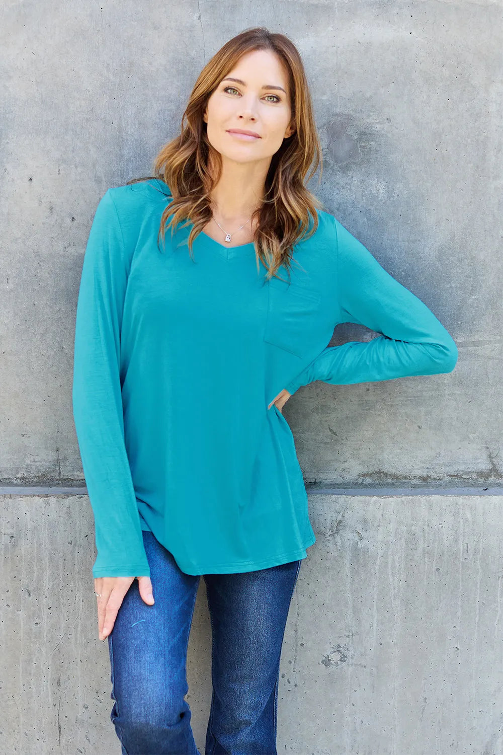 Plus Size V-Neck Long Sleeve Top in Cerulean for Women