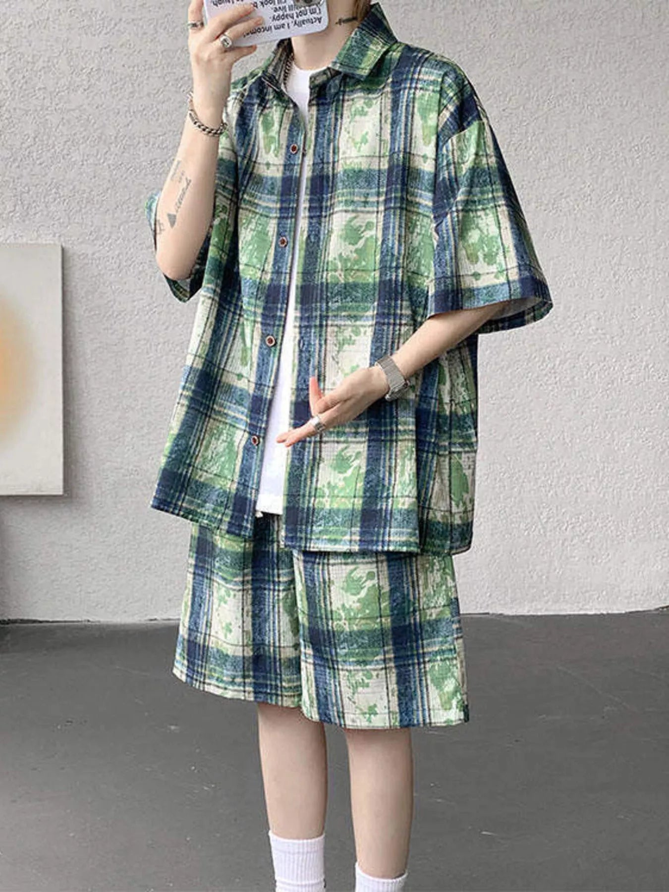 Plus Size Casual Plaid Print Shirt & Shorts Set in Blue for Men