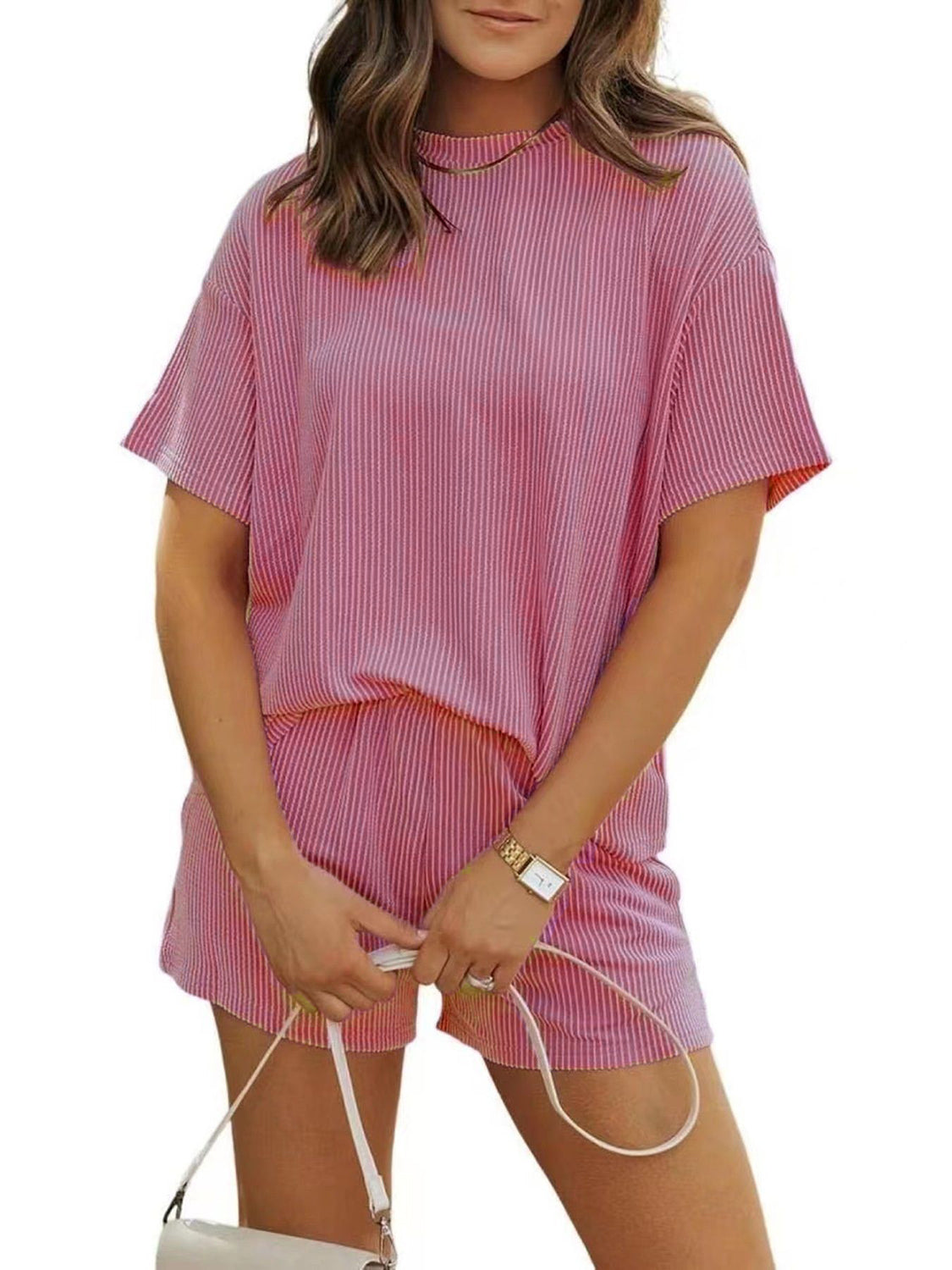 Ribbed Short Sleeve Top and Shorts Two-Piece Set Plus Size in Dusty Pink for Women