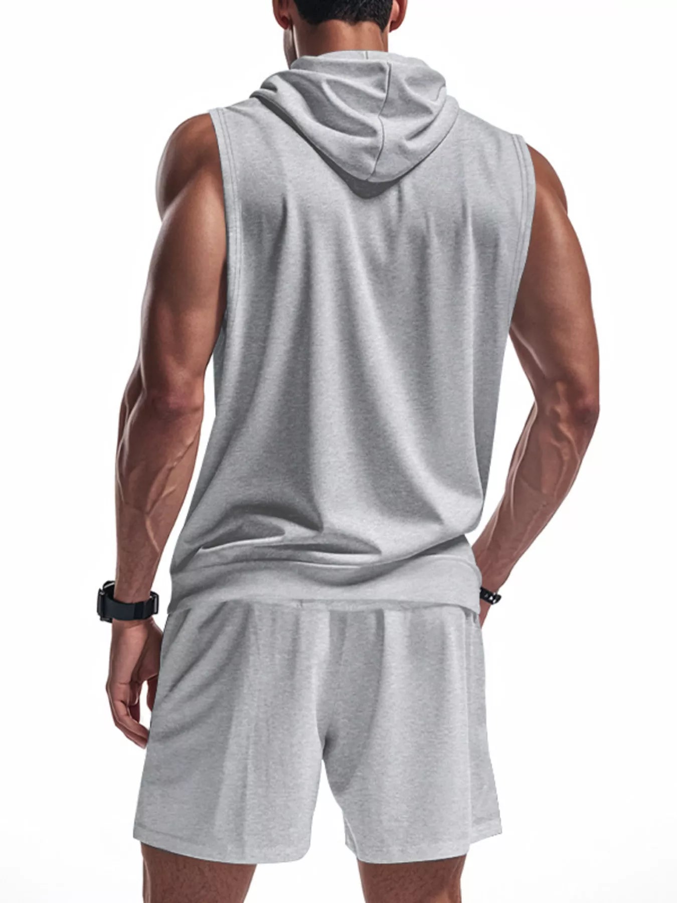 Zip Up Sleeveless Hoodie & Shorts Set Plus Size in Black for Men