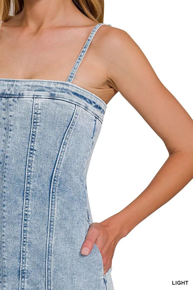Spaghetti Strap Exposed Seam Light-Wash Dress for Women