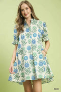 Floral Puff Sleeve Babydoll Dress with Side Pockets in Blue for Women