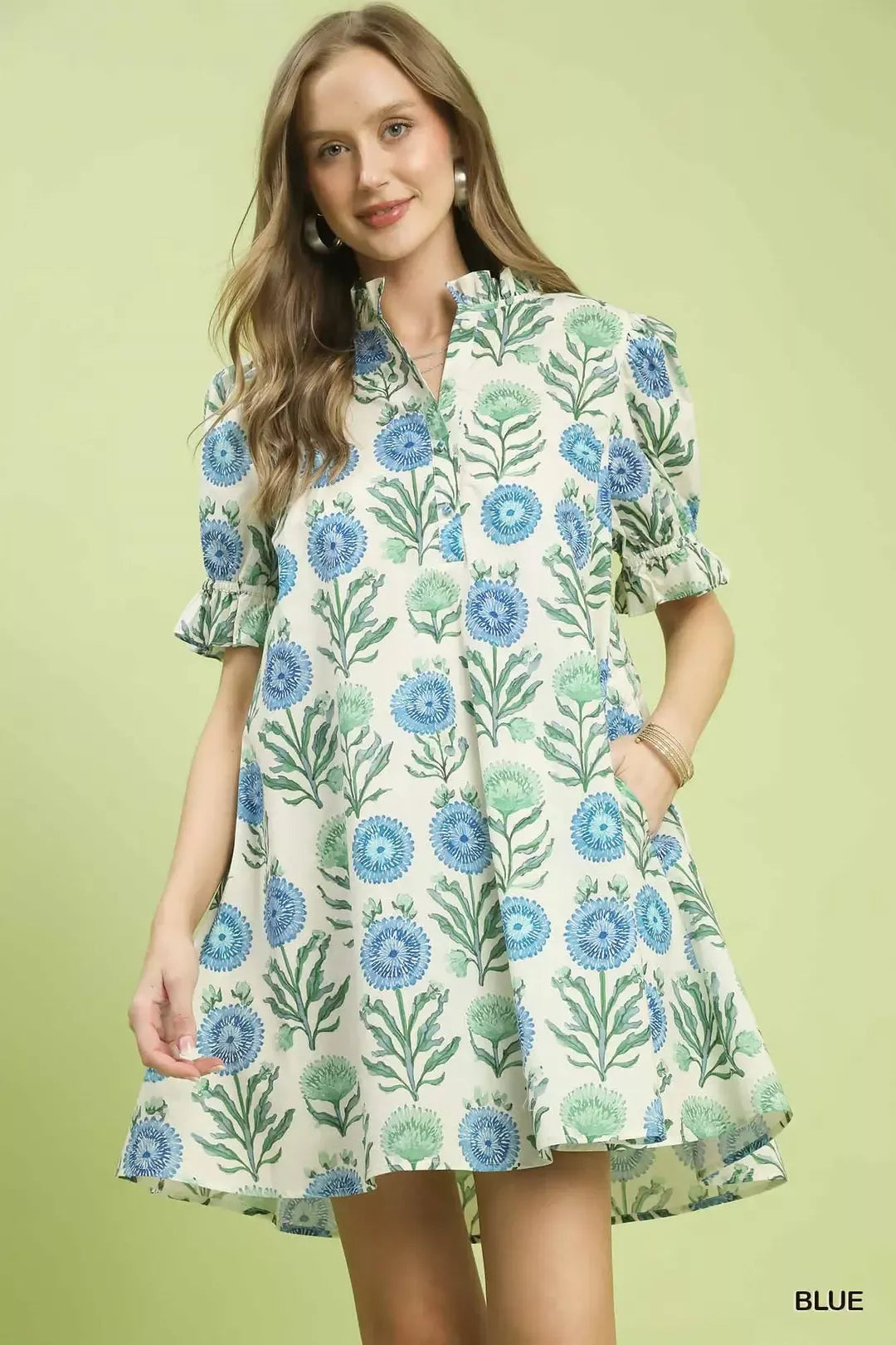 Floral Puff Sleeve Babydoll Dress with Side Pockets in Blue for Women