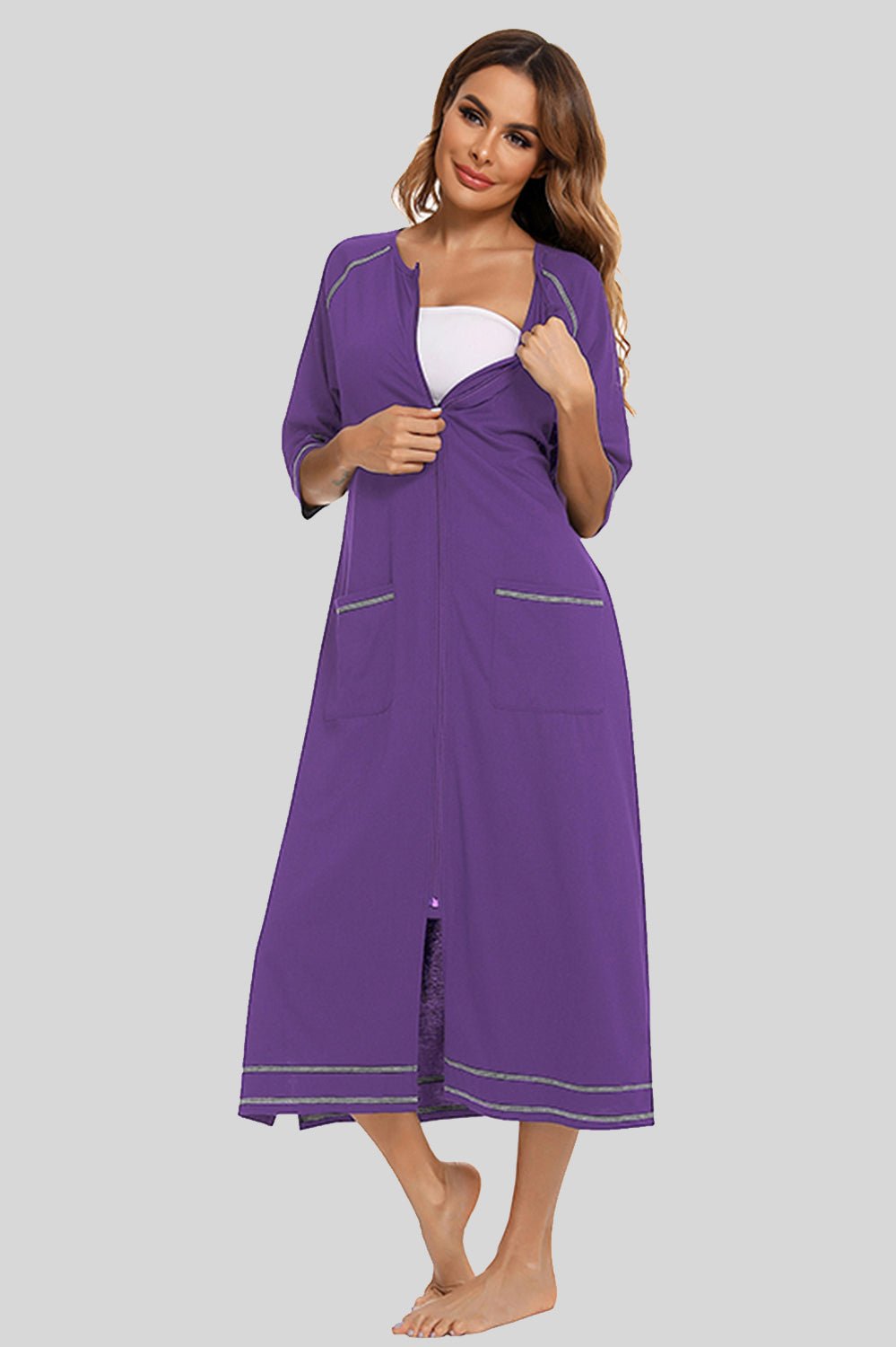 Zip Up Slit Round Neck Night Dress with Pockets in Heather Gray for Women