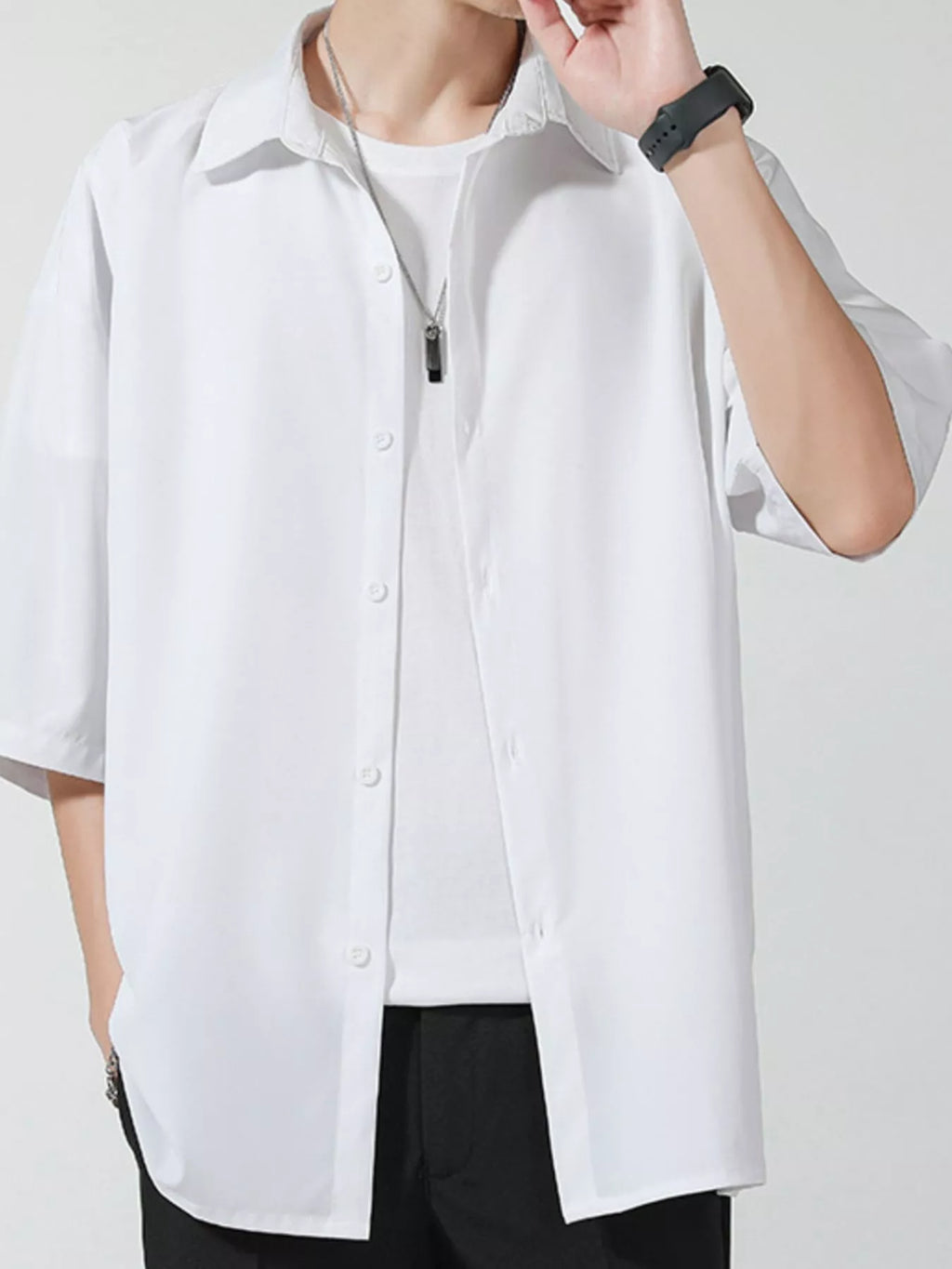 Button Up Short Sleeve Shirt Plus Size in Black for Men