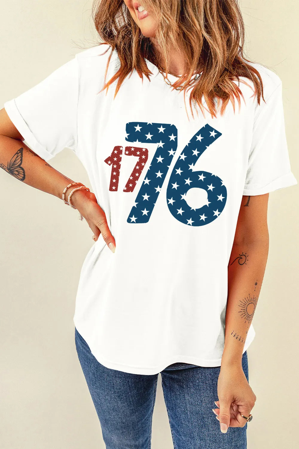 1776 Round Neck Short Sleeve T-Shirt in White for Women