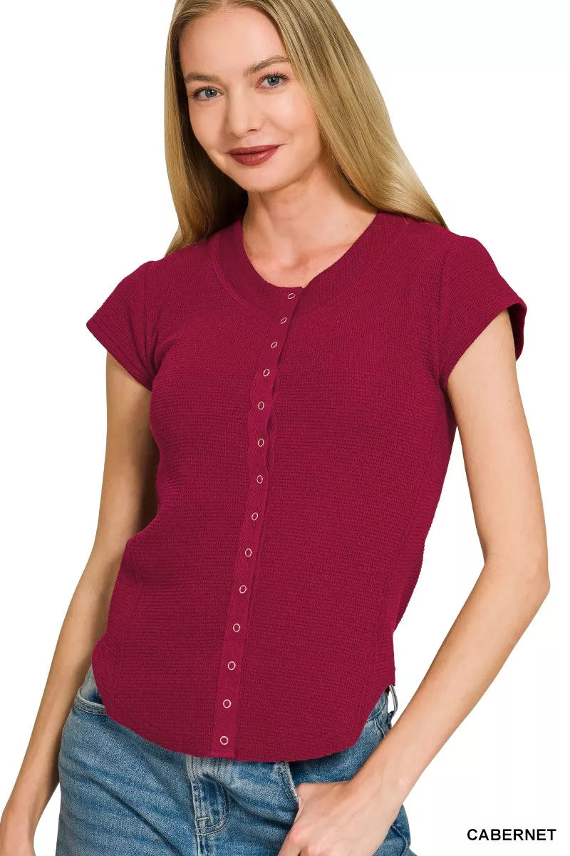 Double Knit Snap Button Short Sleeve Shirt for Women