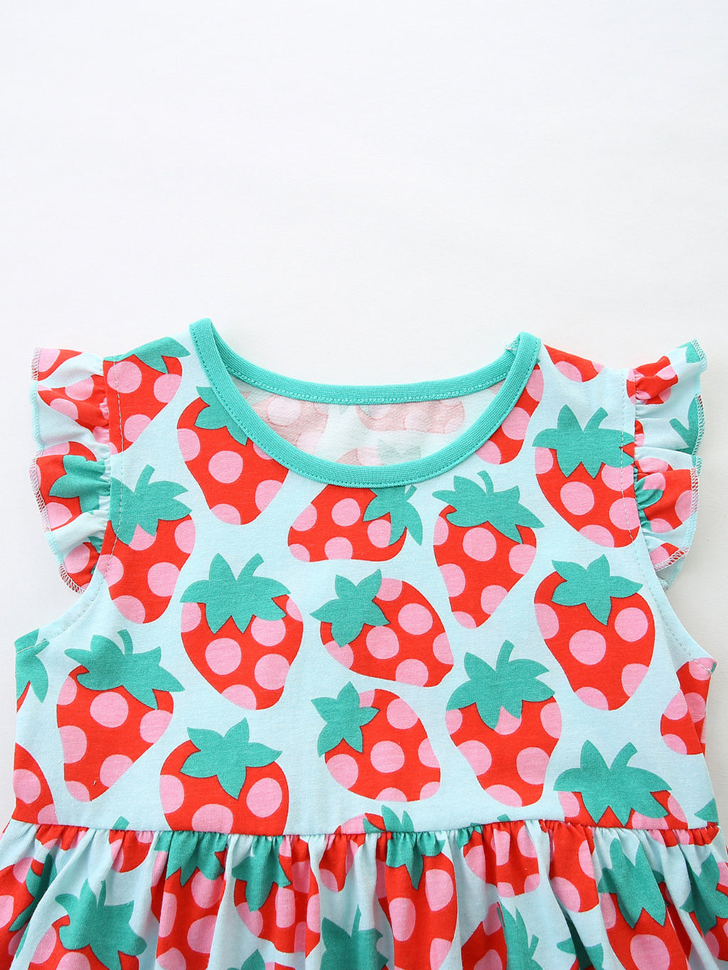 Strawberry Print Ruffle Sleeve Casual Dress in Multicolor for Girls