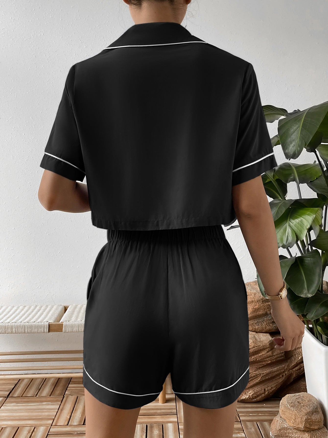 Ivy Lane Contrast Lapel Collar Cropped Shirt and Shorts Lounge Set in Black for Women