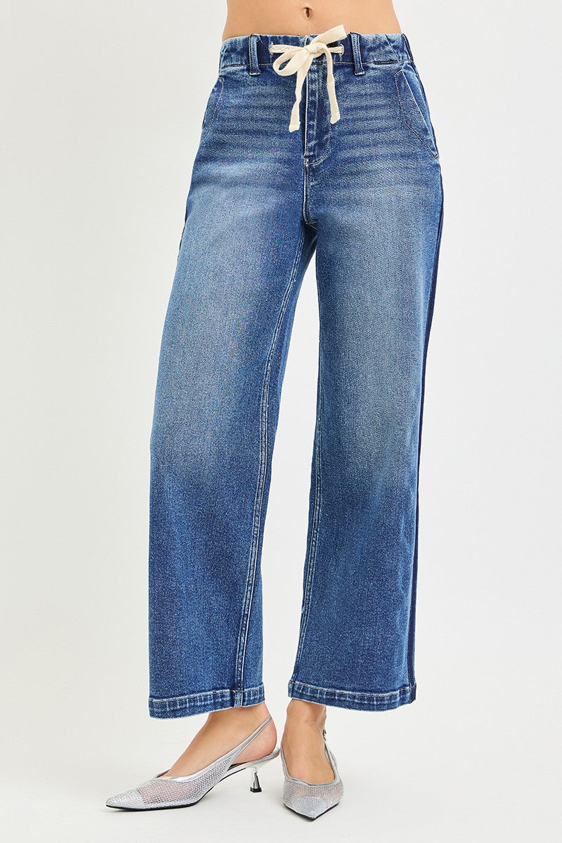 Elastic Band High Rise Cropped Wide Jeans in Medium for Women