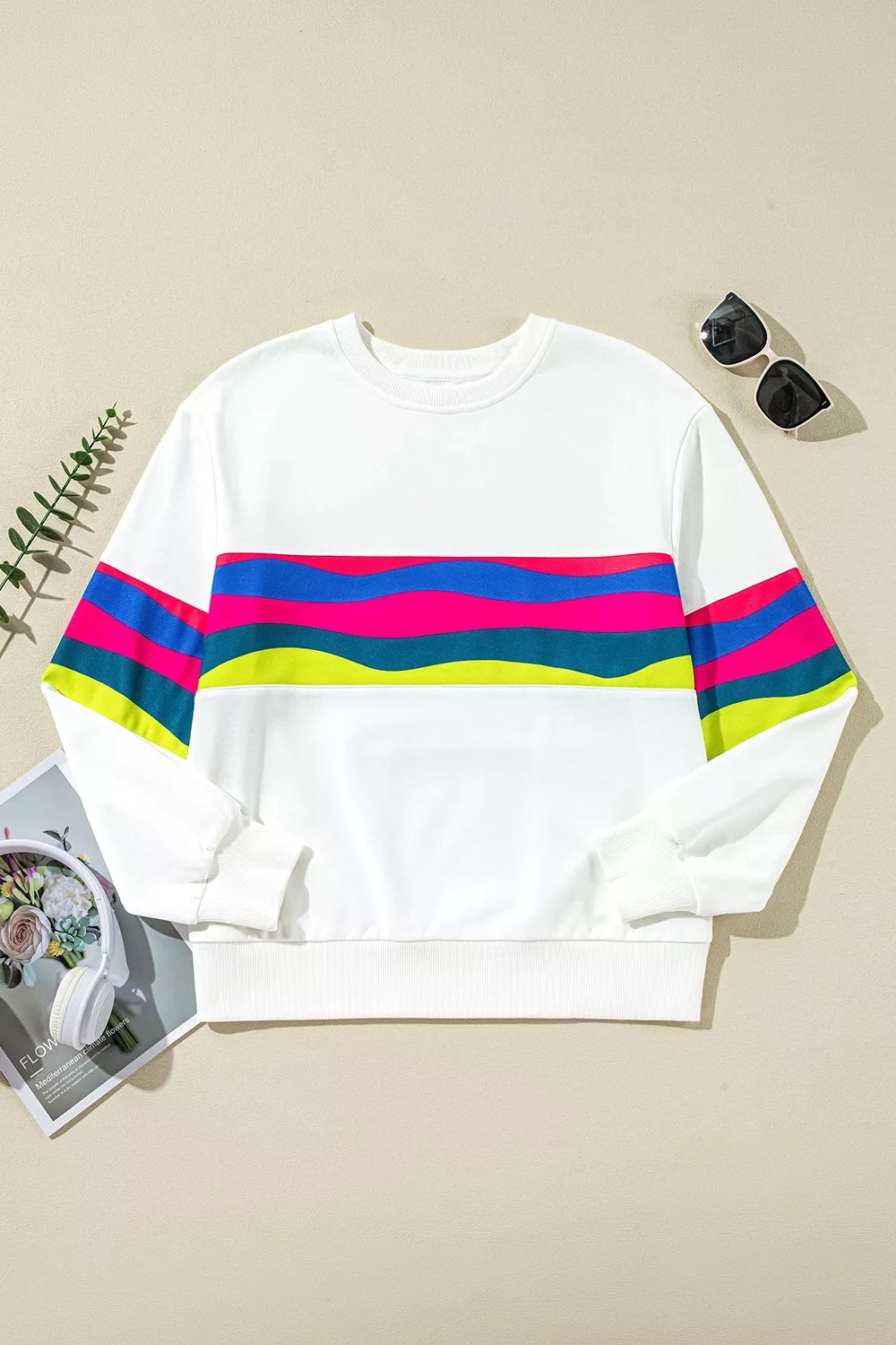 Contrast Striped Round Neck Top in White for Women