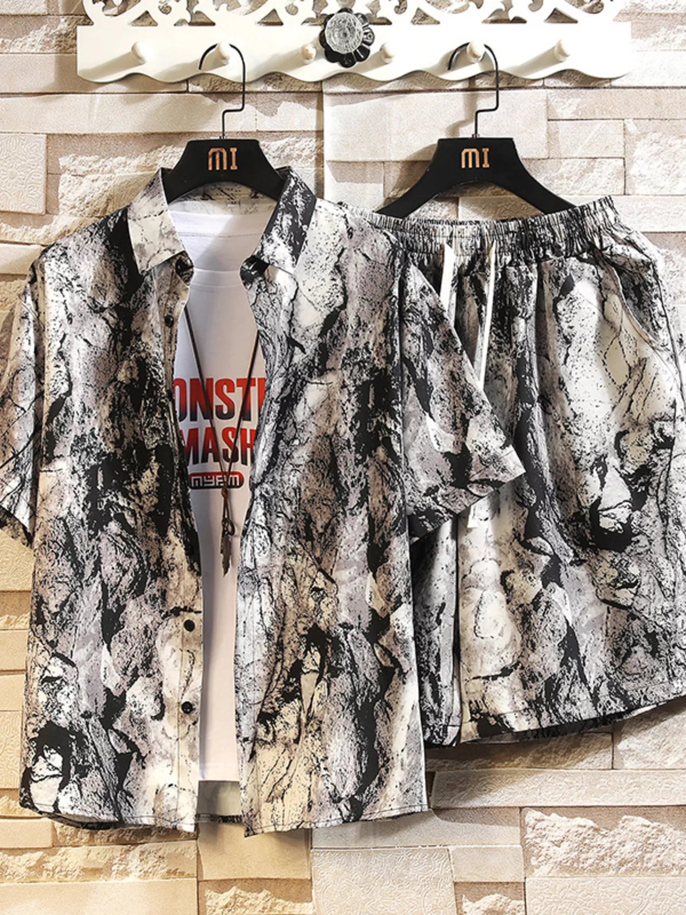 Printed Button Up Shirt and Shorts Set in Black for Men