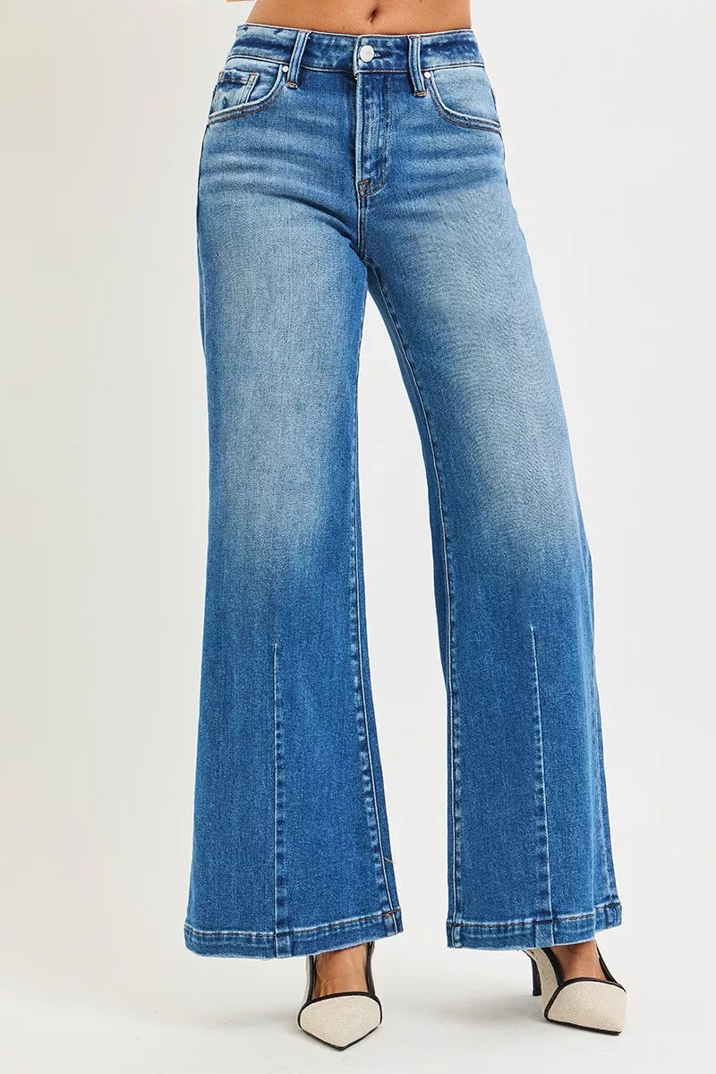 Mid Rise Wide Leg Jeans with Flared Look Plus Size in Medium for Women