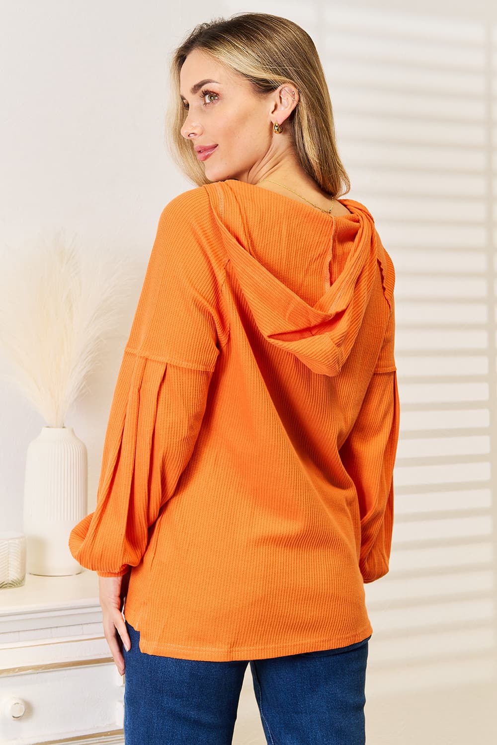 Side Slit Buttoned Waffle Knit Hoodie in Orange for Women