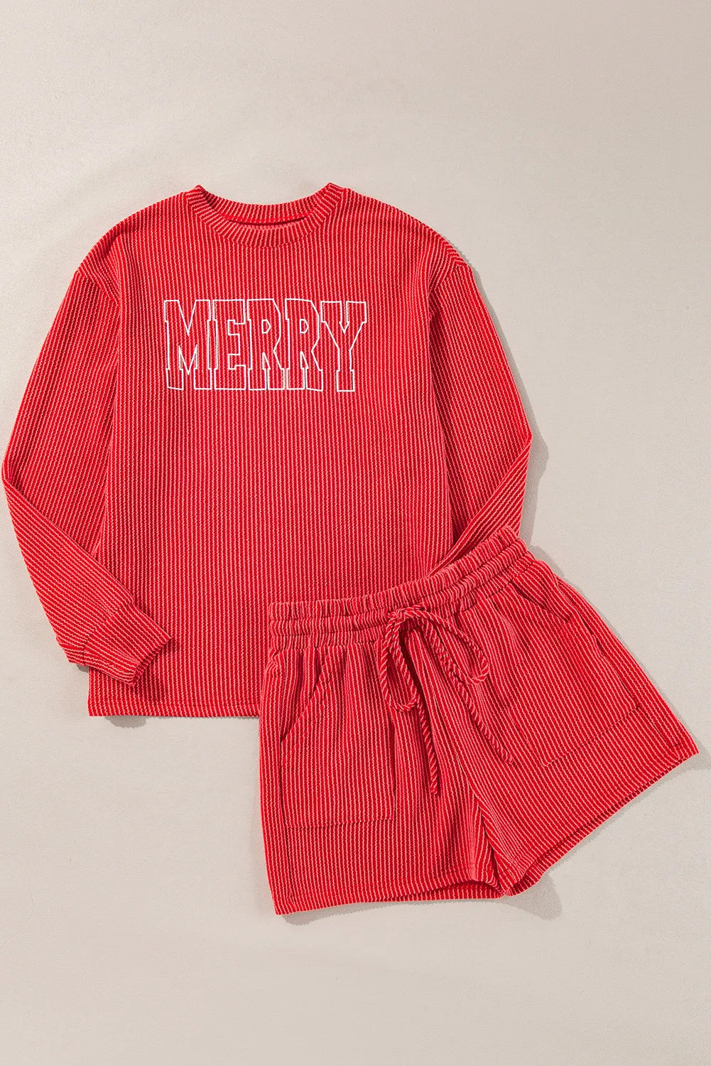 Merry Round Neck Long Sleeve Top and Shorts Lounge Set in Black Forest for Women