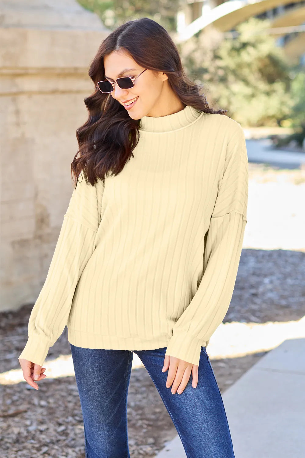 Plus Size Ribbed Exposed Seam Mock Neck Knit Top in Rust for Women