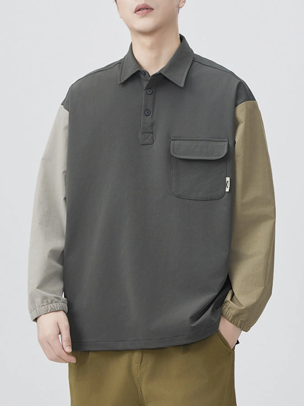 Plus Size Color Block Button Detail Polo in Coffee Color for Men