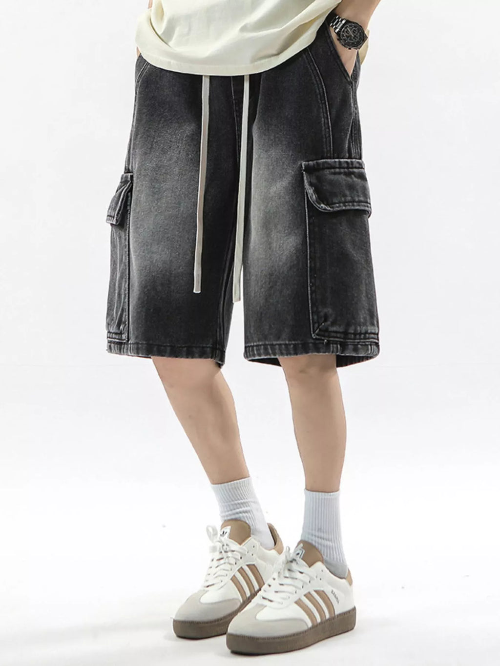 Wash Drawstring Cargo Shorts Plus Size in Vintage Blue for Men