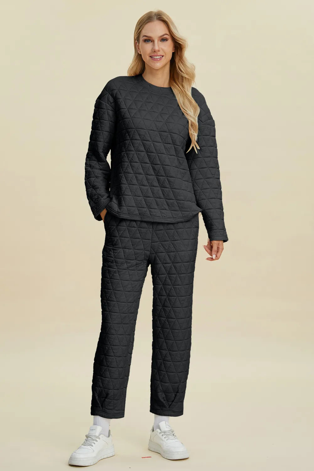Plus Size Texture Round Neck Long Sleeve Top and Pants Set in Black for Women