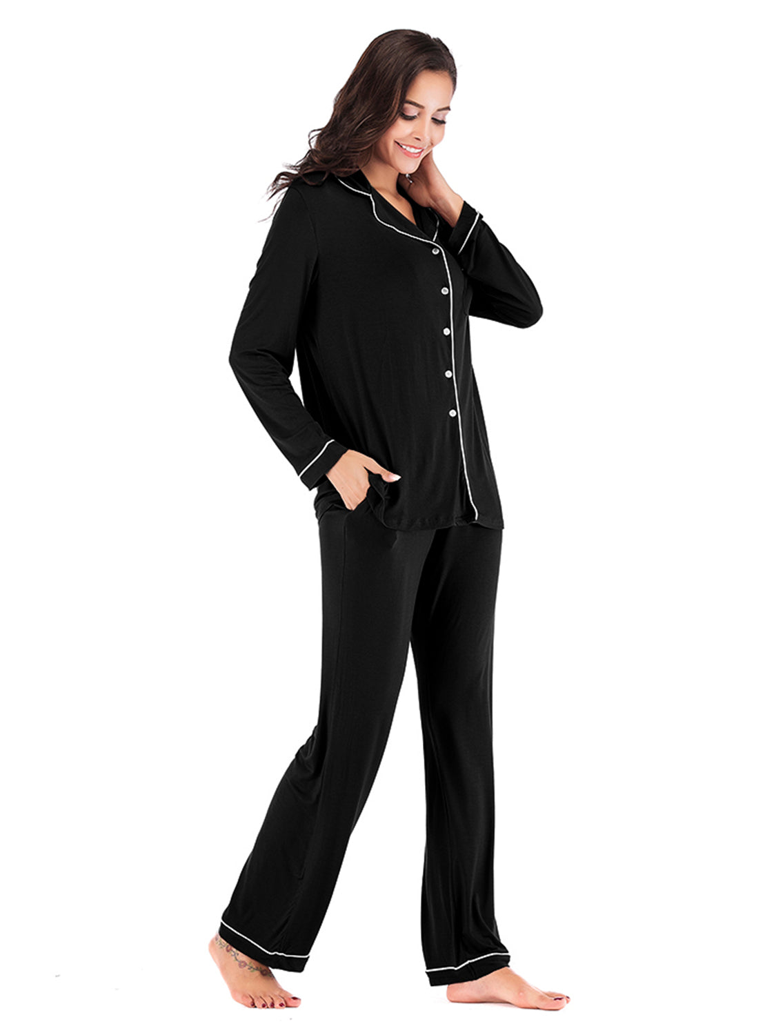 Collared Neck Long Sleeve Loungewear Set with Pockets in Violet for Women