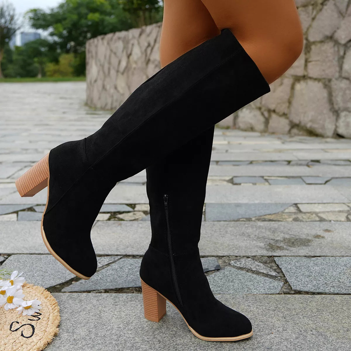 Point Toe Block Heels Boots in Relaxed in Black for Women