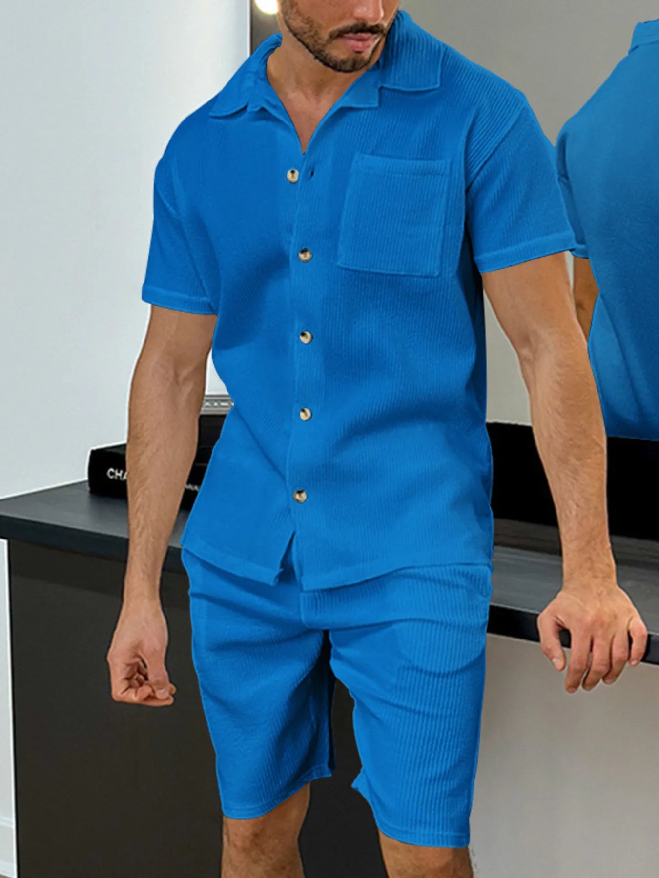 Button Up Top and Shorts Set Plus Size in White for Men